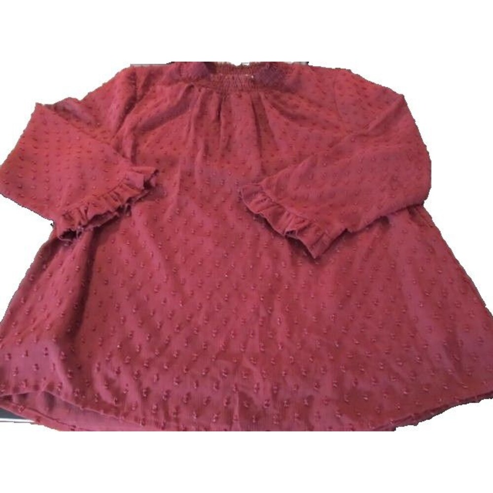 Burgundy Sheer Swiss Dot Peasant Blouse with Smocked Neckline